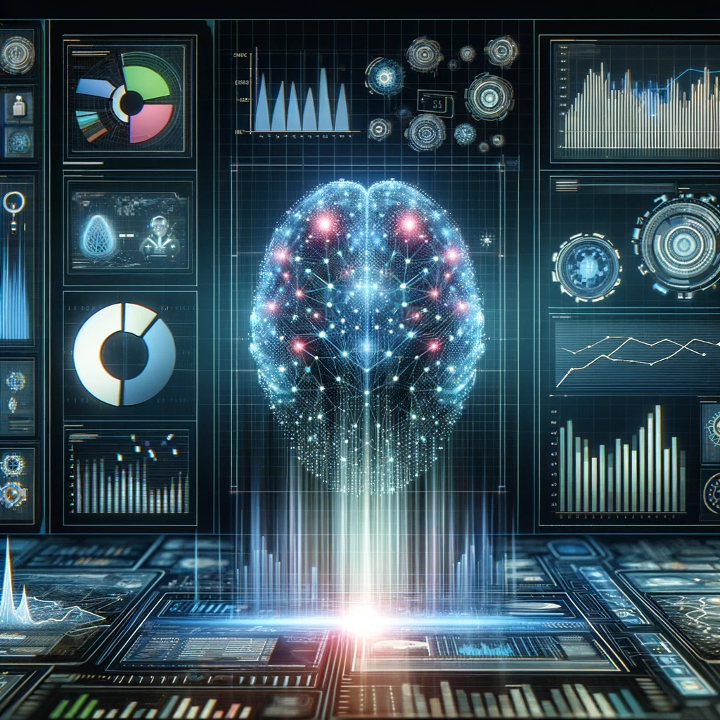 A futuristic financial dashboard featuring predictive analytics, graphs, and AI elements, illustrating the advanced capabilities of AI in financial forecasting and analysis.