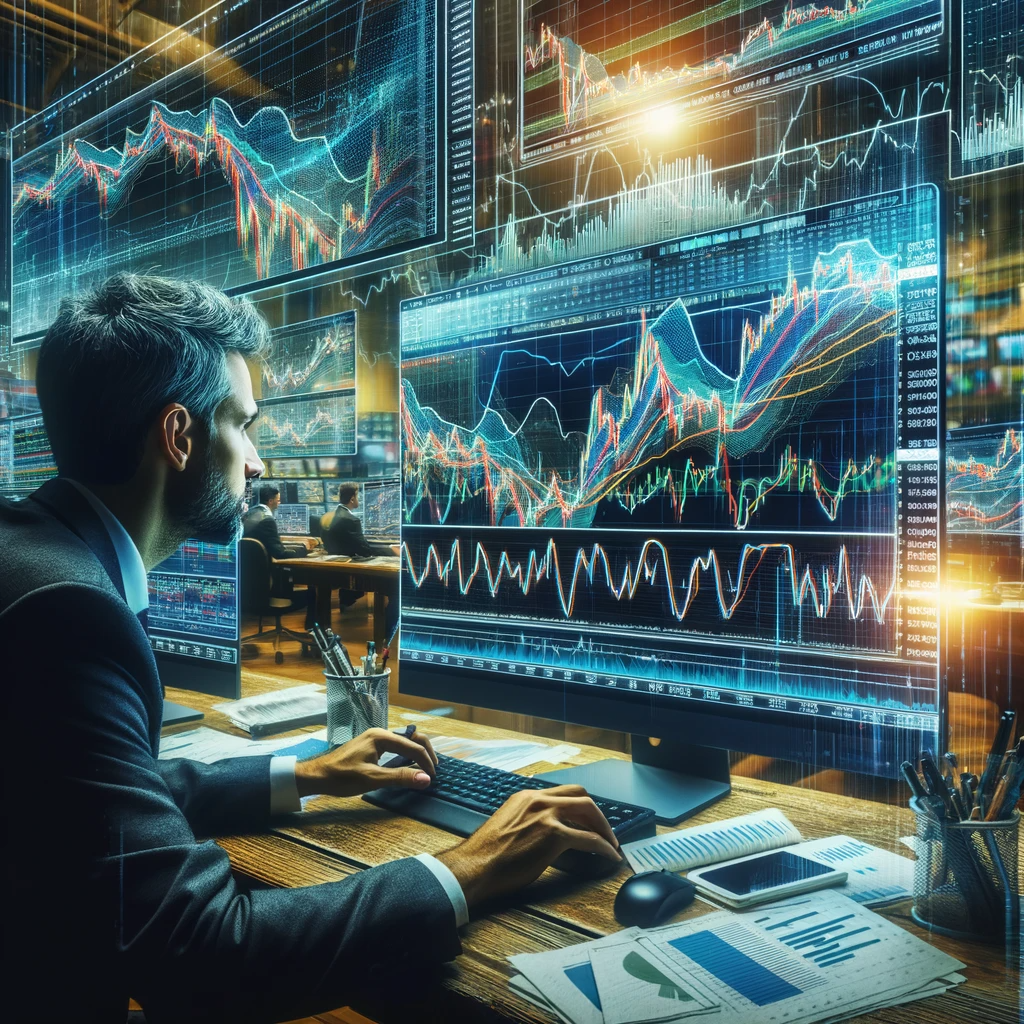 DALL·E 2024-01-05 19.43.00 - A trader intently analyzing a computer screen filled with intricate financial charts and indicators such as the Relative Strength Index (RSI) and Boll