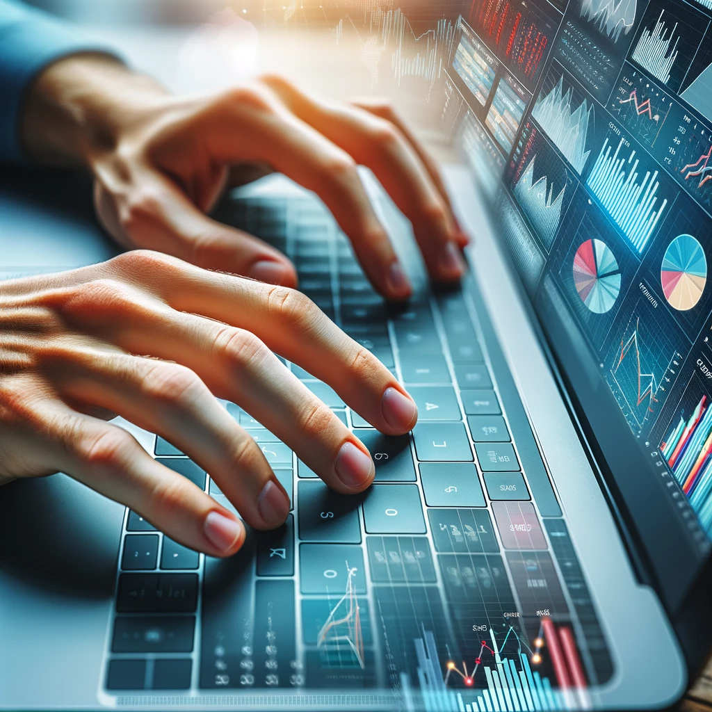 DALL·E 2024-01-08 12.37.53 - A close-up view of hands typing on a laptop keyboard, with the laptop screen displaying colorful charts and financial data. The focus is on the hands 